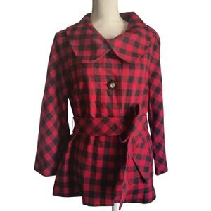Y2K Pendleton Wool Jacket Sz 10 Red Black Buffalo Plaid Belted Lined USA Vtg